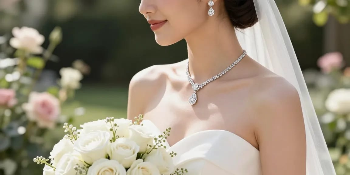 Beautiful bride showcasing white gold wedding jewellery in a sunlit garden.