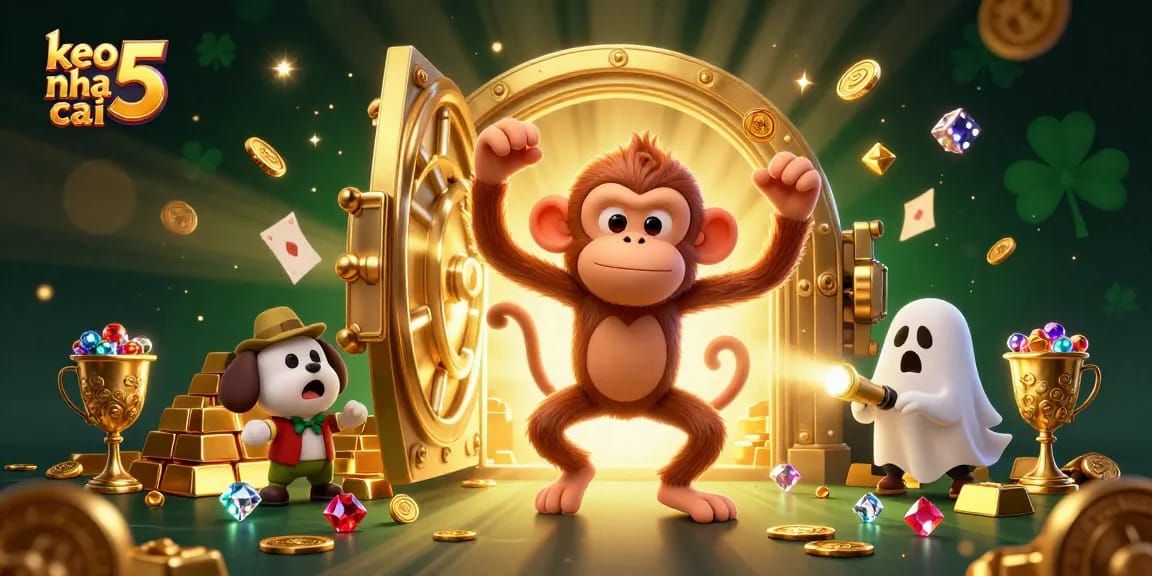 Engage with keo nha cai 5 as a playful monkey juggles golden casino treasures in a haunted scene.