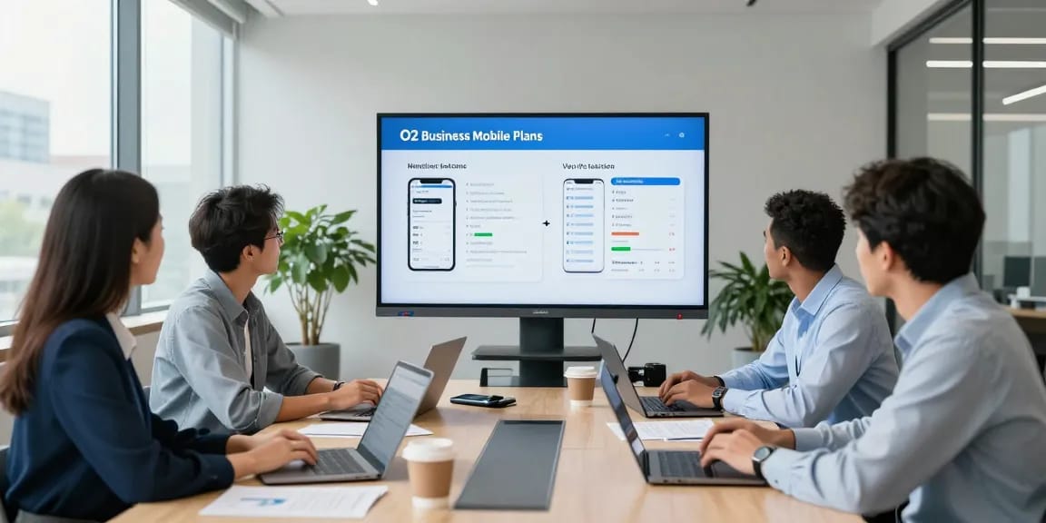 Team reviewing O2 login business solutions in modern office setup, showcasing collaboration.