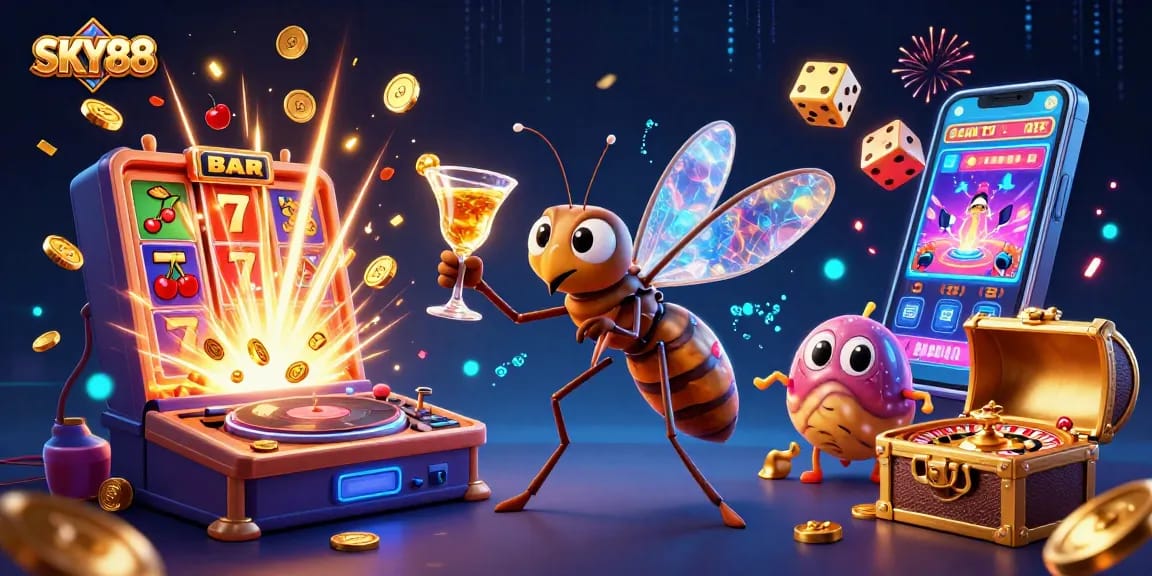 Experience the excitement of SKY88 with a vibrant casino scene showcasing fun characters and exciting games.