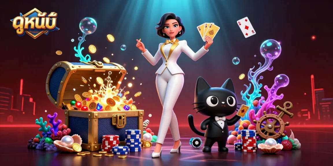 Engage in ดูหนังใหม่ with a glamorous character blending casino fun and captivating movies in a vibrant underwater world.