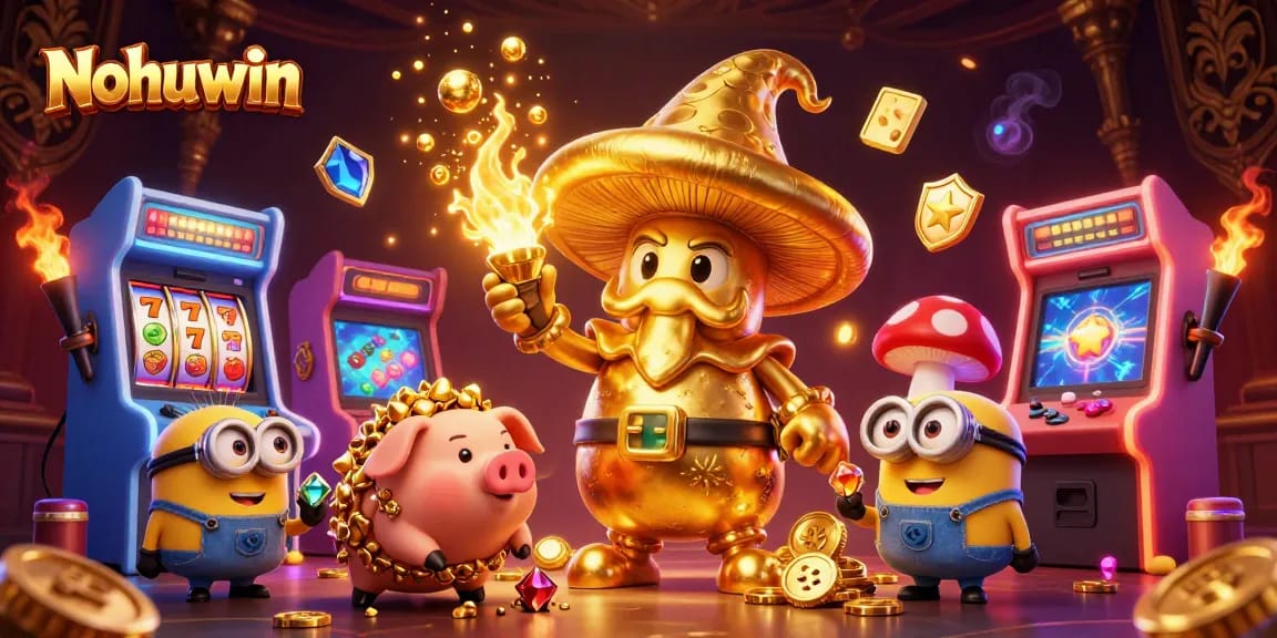 Nohuwin slots scene showcasing vibrant characters with golden treasures and gaming elements in an arcade