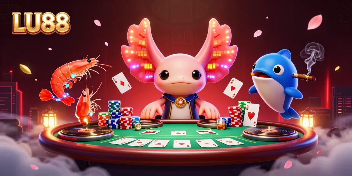 Experience LU88's vibrant casino atmosphere with glowing characters and elaborate game elements.