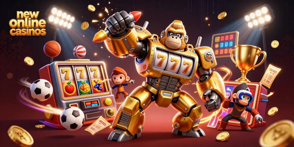 Experience the excitement of new online casinos with a vibrant scene showcasing a mechanical gorilla and dynamic game elements.