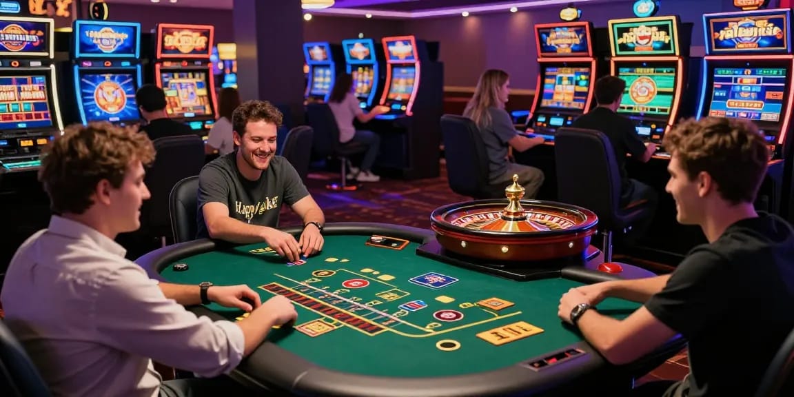 Exciting gaming atmosphere at Happyluke casino featuring diverse players engaged in baccarat, roulette, and esports.