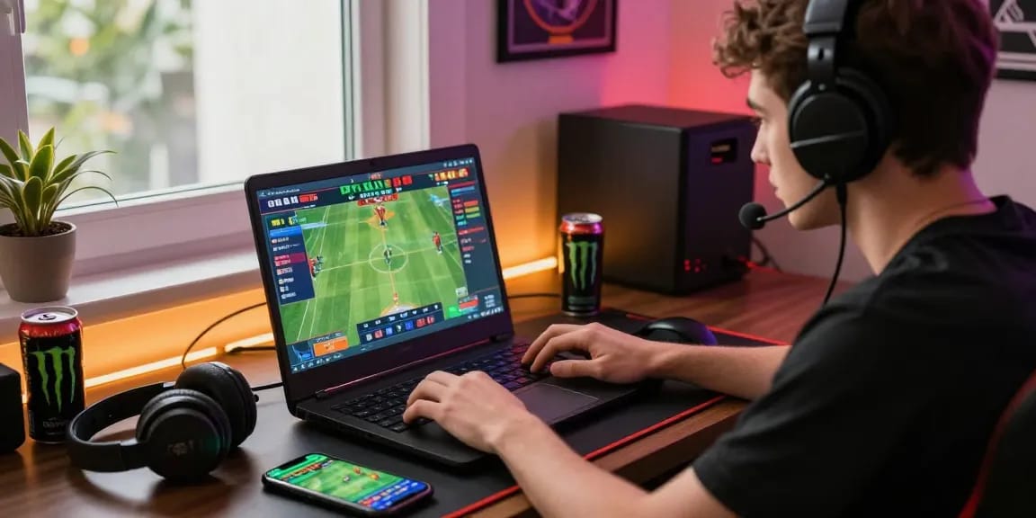 Engaging online betting experience with TK 999 at home, featuring vibrant gaming graphics on laptop and cozy atmosphere.