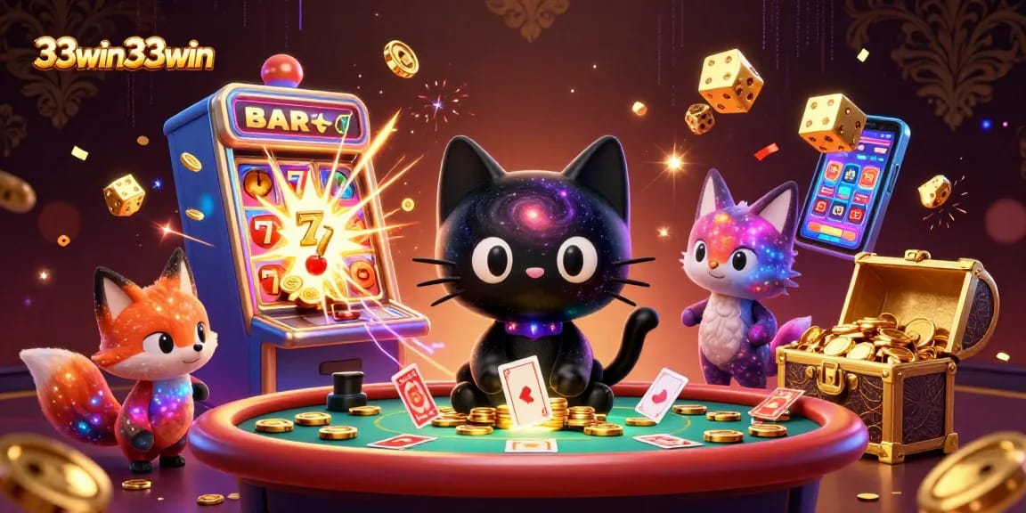 Experience the excitement of 33win33win with a cosmic casino illustration featuring a black hole cat and a colorful nebula fox.