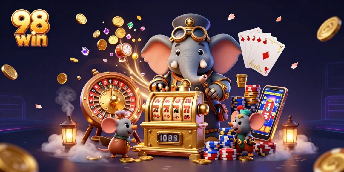 Spin the golden slot machine at 98 win and discover cascading coins in a vibrant casino scene.