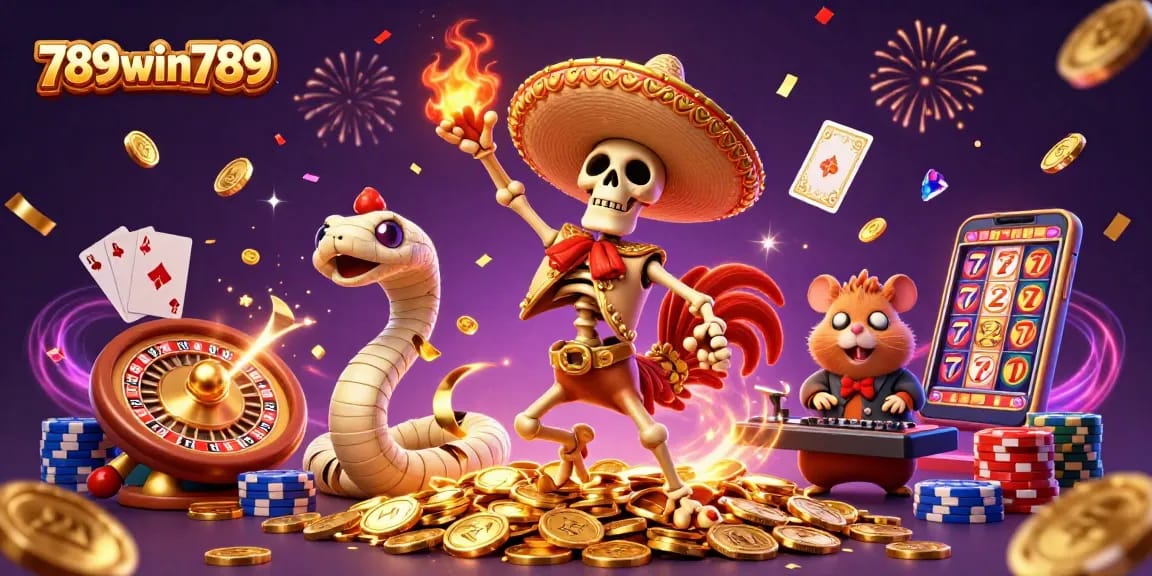 Win big with 789win789 featuring a vibrant casino scene filled with festive characters celebrating jackpot wins.