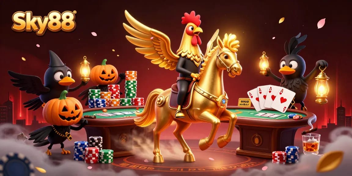 Experience thrilling gaming at Sky88 with a golden rooster and poker elements in a casino.