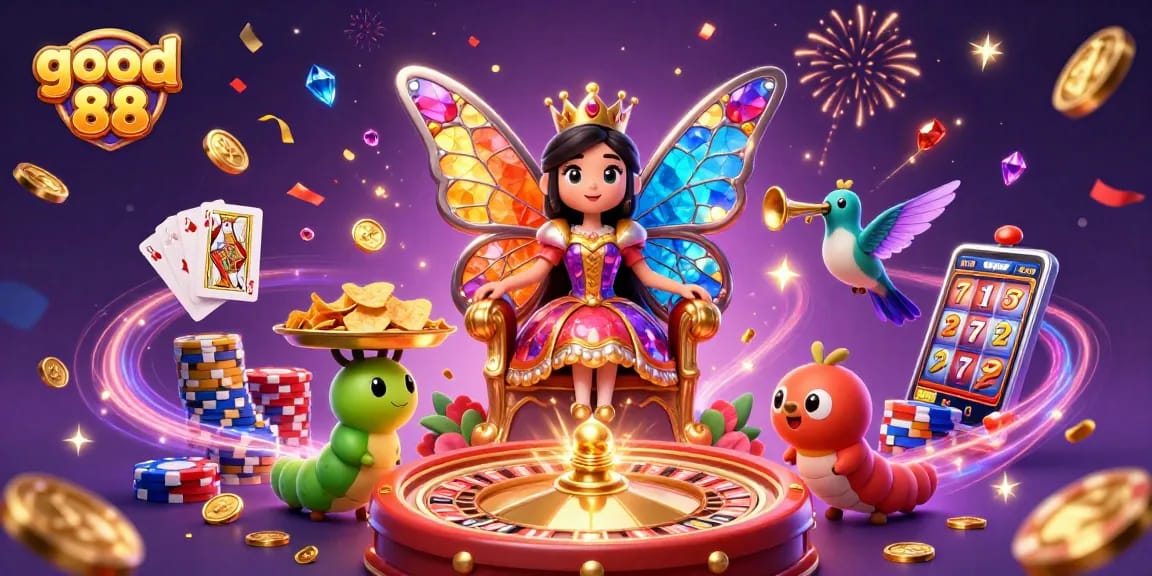 Experience the excitement of good 88 with vibrant casino elements showcasing chips, cards, and a lively queen.