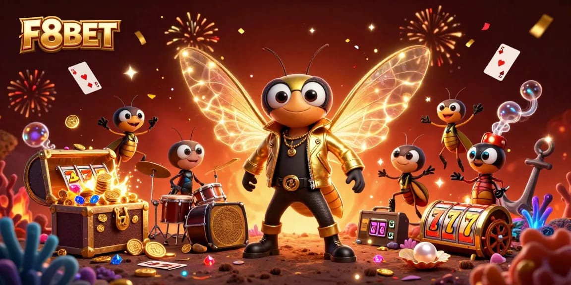Experience the thrill of F8BET with vibrant casino elements and a dynamic rock star scene.