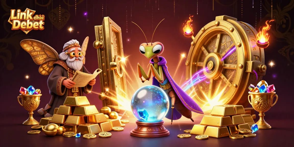 Experience the thrill of winning at Debet with the Link đăng ký Debet logo in an enchanting casino scene.