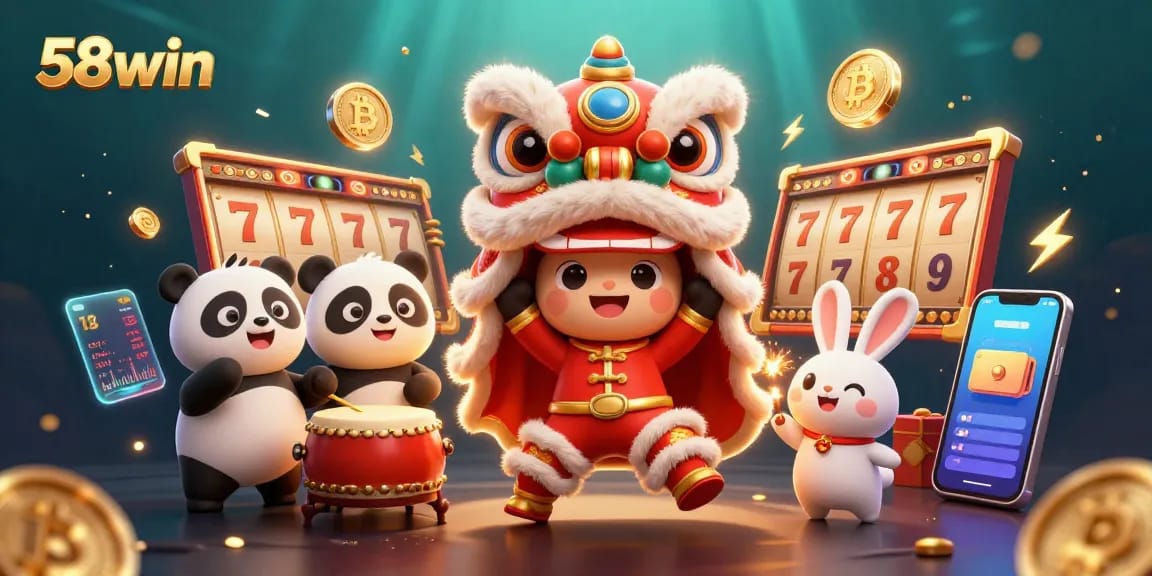 Experience thrilling wins with 58win in this vibrant casino celebration featuring lion dance and gaming elements.