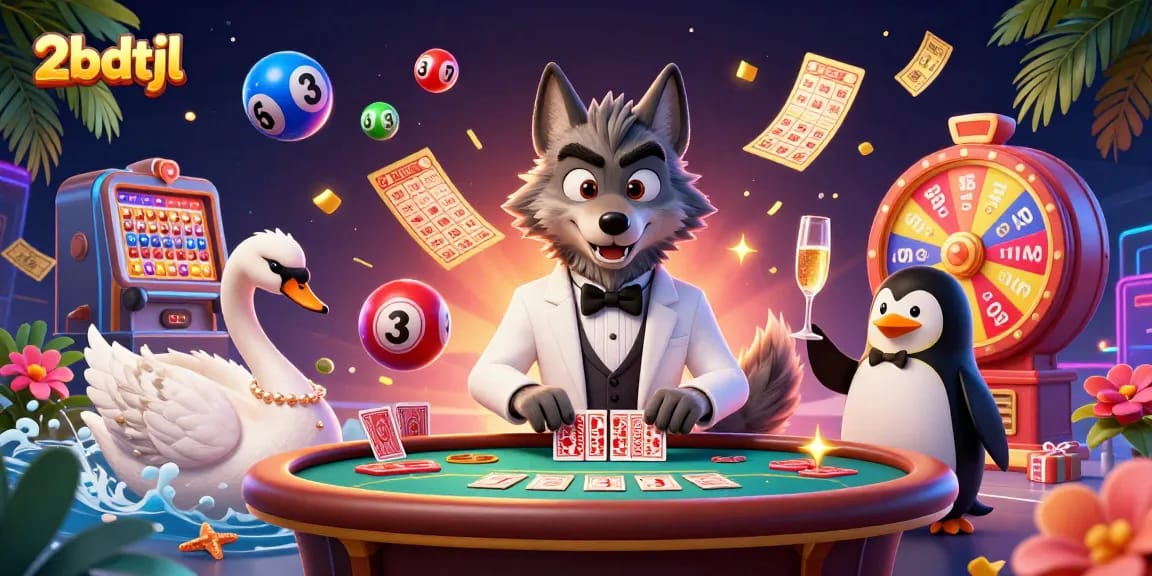 Experience the thrill of 2bdtjl with a lively casino scene featuring card dealing and champagne.