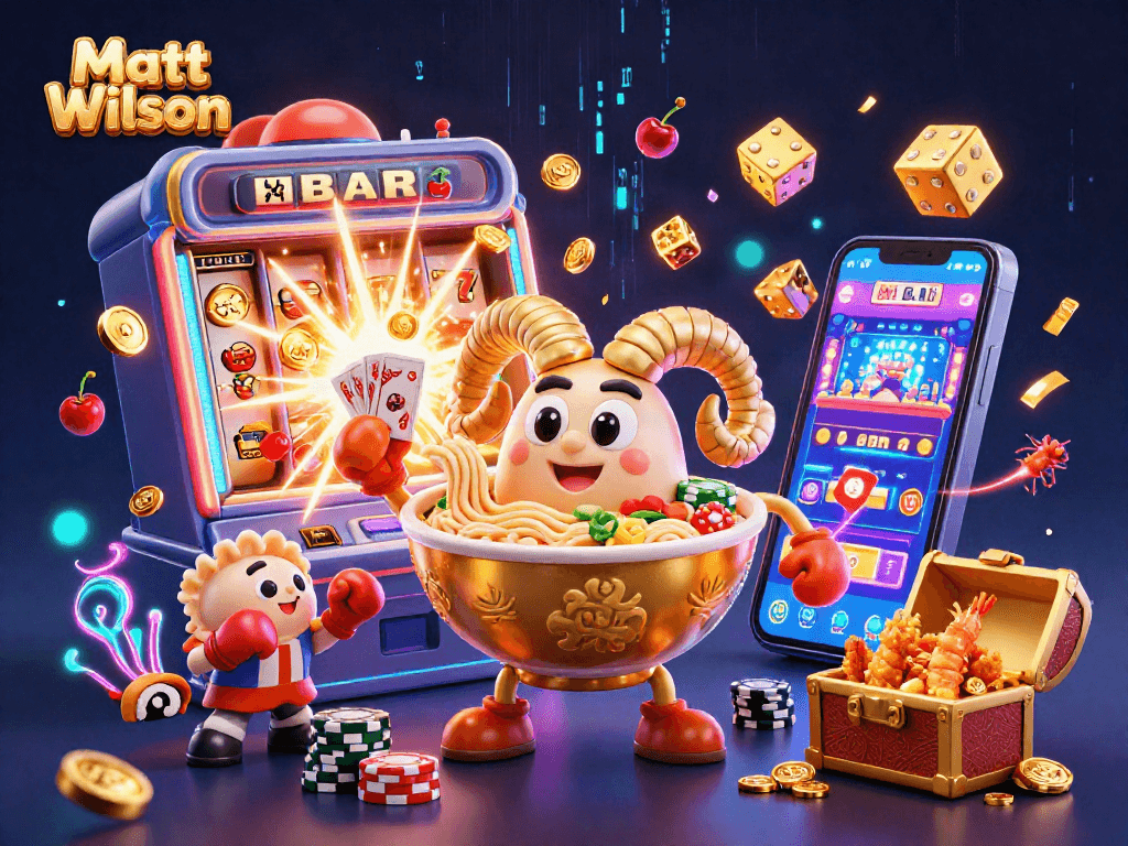 Experience thrilling action with Matt Wilson in a vibrant 3D casino scene featuring exciting games and characters.