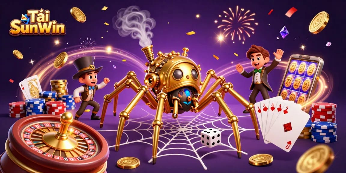 Tải SunWin with a golden spider web theme catching dice, vibrant gambling elements and confetti