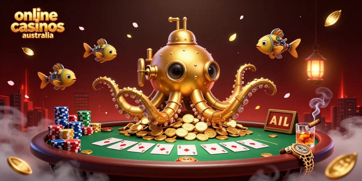 Engage in online casinos australia action with a kraken submarine amidst a gold coin sea and poker game.