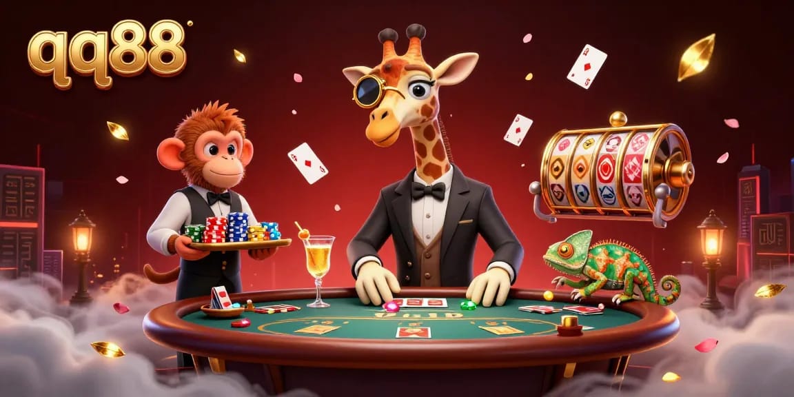 Bet big with qq88 at a vibrant casino scene featuring high-roller giraffe and lively action.