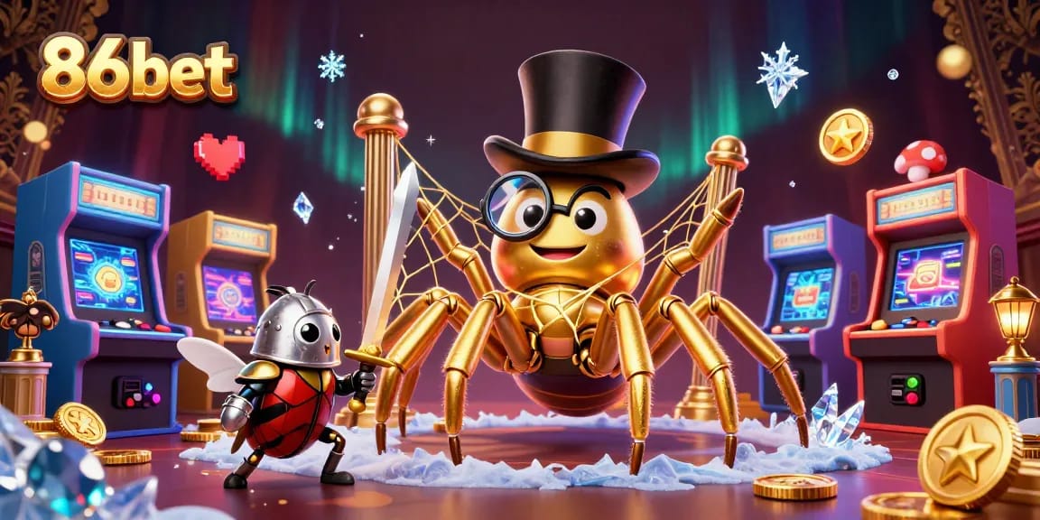 Engage with 86bet's dynamic universe, featuring a brave beetle knight embarking on an adventure amidst a vibrant casino.
