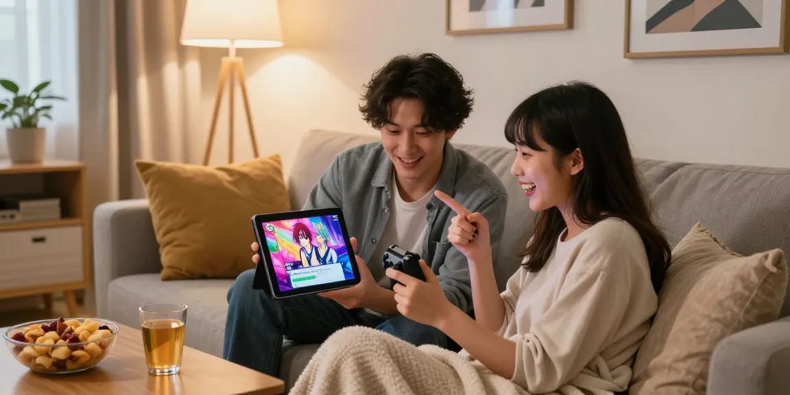 Couple playing adult visual novel games at home, enjoying Hentai games in a cozy setting