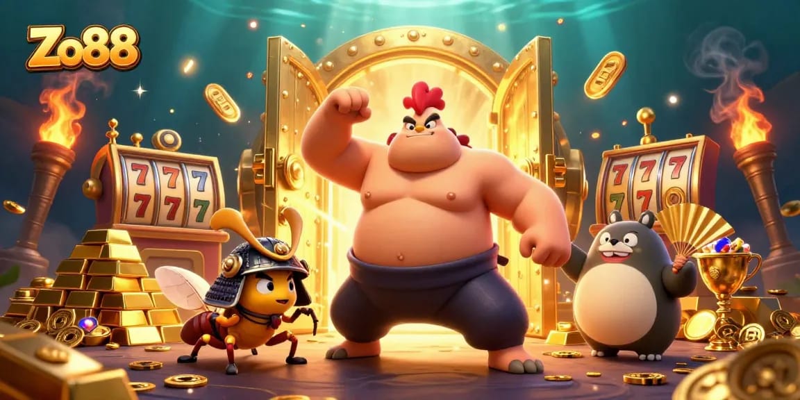 Engage with Zo88's thrilling gaming scene as a powerful sumo rooster takes center stage amid a wealth of treasures.