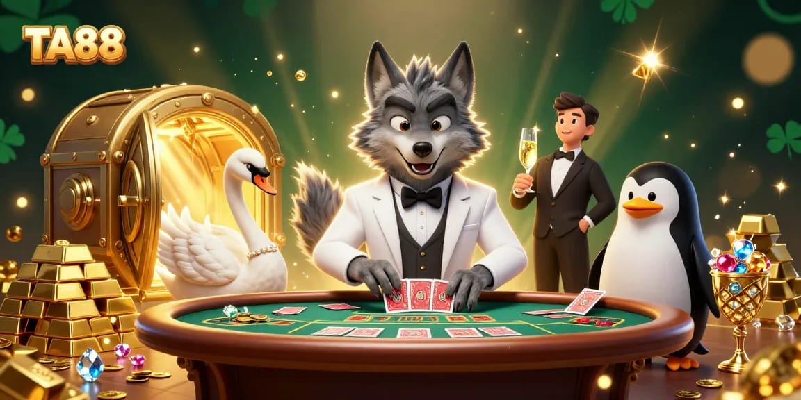 TA88 features a debonair wolf at baccarat, with cards and jewels scattered in a lively casino scene.