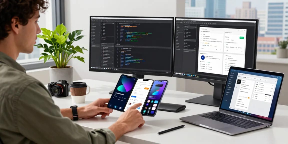 A user exploring a tri-fold phone in a modern workspace, showcasing innovative tech integration and productivity.