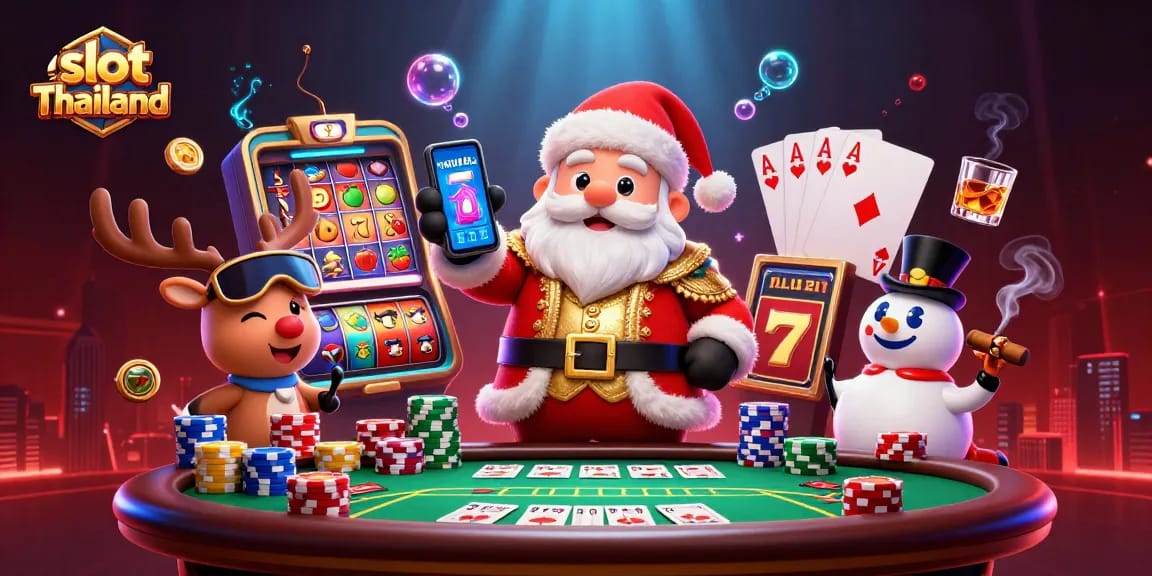 Permainan slot Thailand yang seru dengan Santa dan teman-teman di kasino penuh warna.