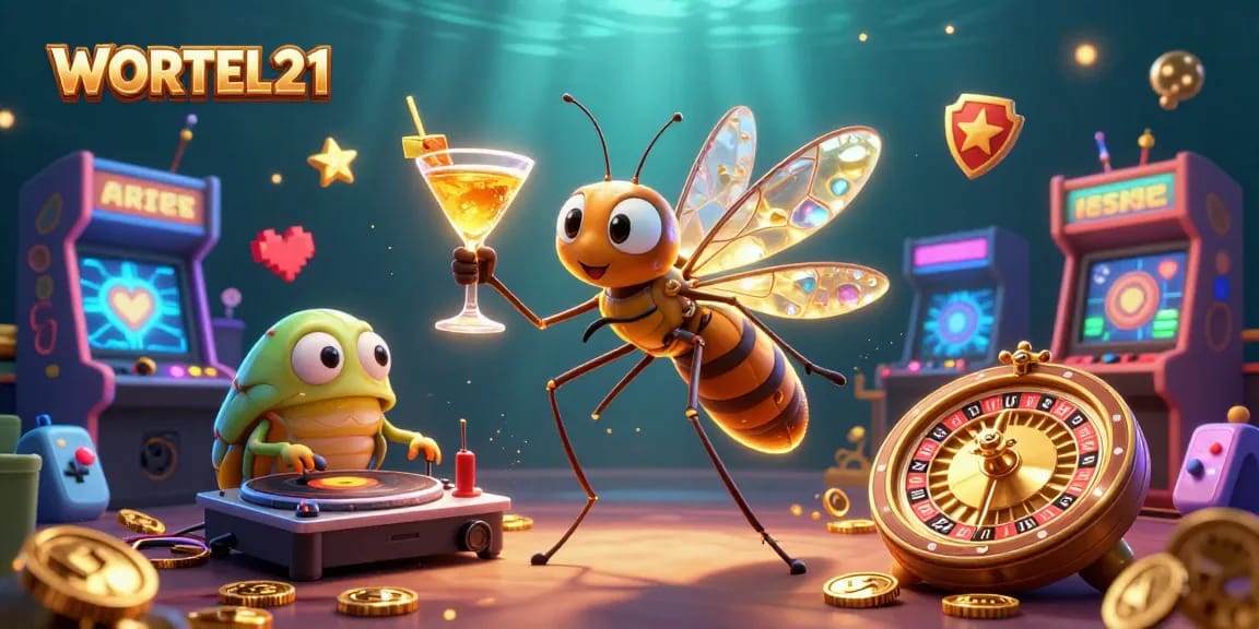 Engage with the WORTEL21 gaming experience featuring a unique casino mascot scene.