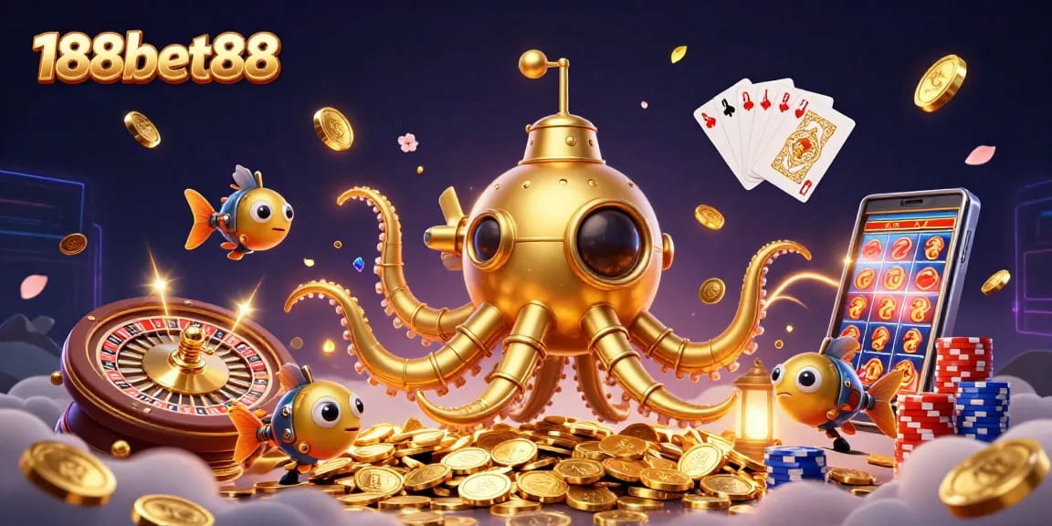 Engage with 188bet88 through a vibrant scene of casino excitement featuring a golden kraken and mechanical fish.