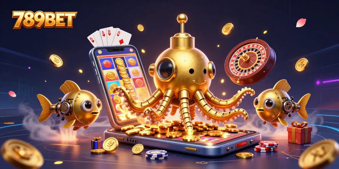 Win big at 789BET with an exciting 3D casino scene featuring a golden kraken, slot games, and treasures.