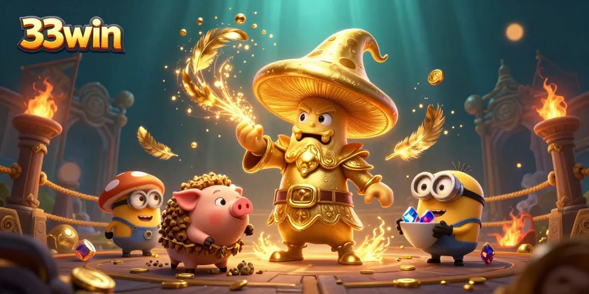 Bet on treasure with 33win, featuring a wizard and minions in a magical casino scene.