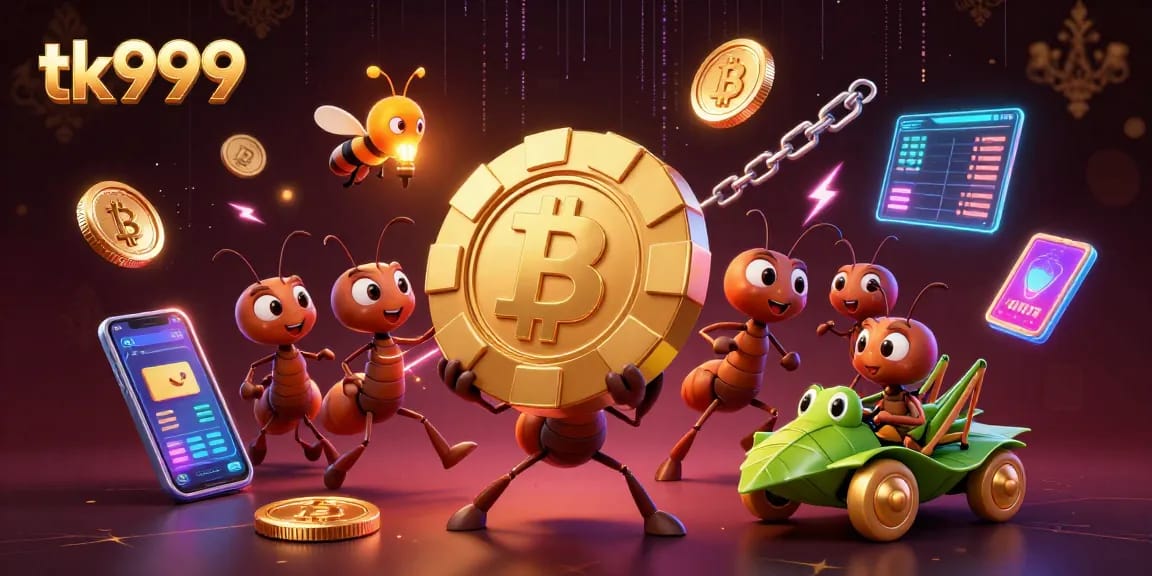 tk999: Ants executing a daring heist with a giant poker chip amidst vibrant cryptocurrency elements.