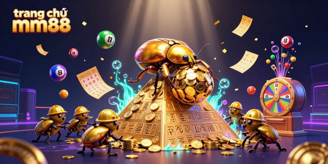Experience the excitement of winning at trang chủ mm88 with vibrant lottery elements and gold coin treasures.