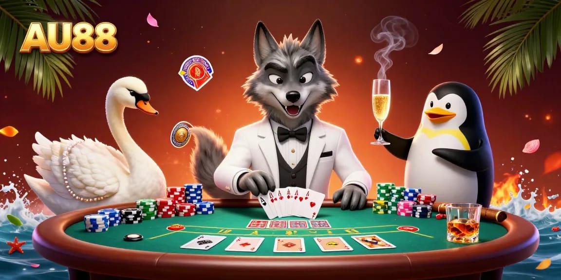 Engage with AU88's immersive casino experience with 3D characters enjoying baccarat, chips, and champagne.
