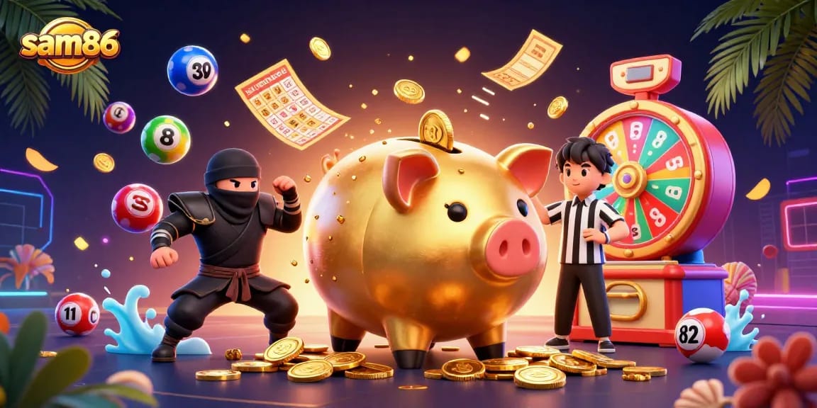 Experience thrilling gaming action at sam86 with vibrant characters and dynamic casino elements.