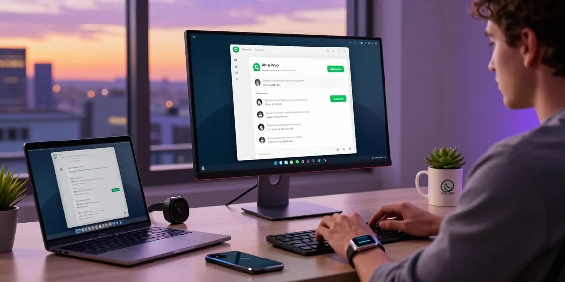 Using WhatsApp電腦版 on a stylish modern desktop setup, focused user managing tasks with tech gadgets and a city view.