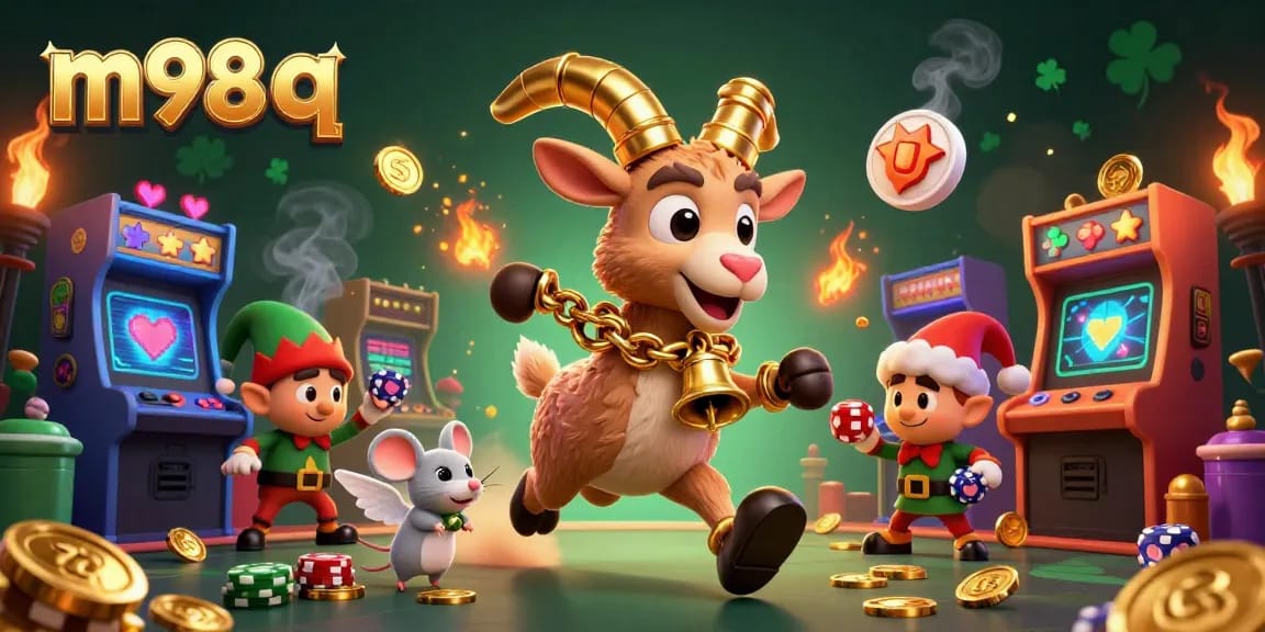Experience m98 q through a festive casino scene with cartoon characters and gaming elements.