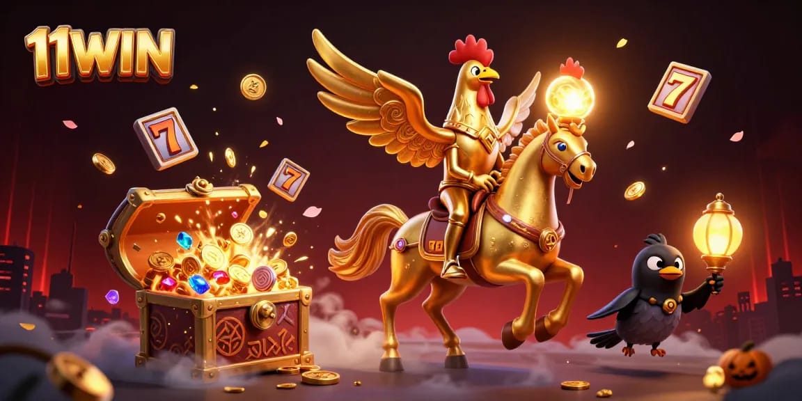 Join the golden rooster in the 11WIN casino adventure, surrounded by rich treasures and animated games.