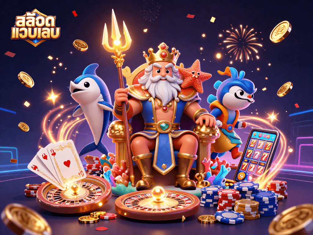 Experience the thrill of สล็อตเว็บตรง with Neptune and his gaming companions in a vibrant 3D scene.