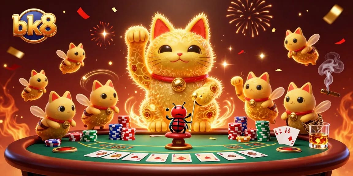 Experience luck with bk8 as fireflies create a giant lucky cat amidst vibrant casino elements.