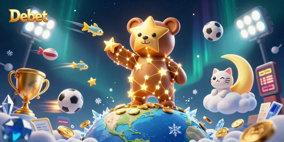 Experience the thrill of betting with Debet in this vibrant 3D casino scene featuring sports elements and golden trophies.