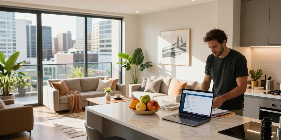 Airbnb co-host services in Sydney showcased in a stylish rental space with Antoun preparing for guests, highlighting inviting decor and analytics.
