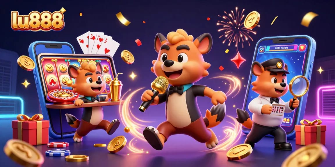 Engage with the vibrant lu888 casino scene showcasing comedians and bartenders amidst colorful slot games.