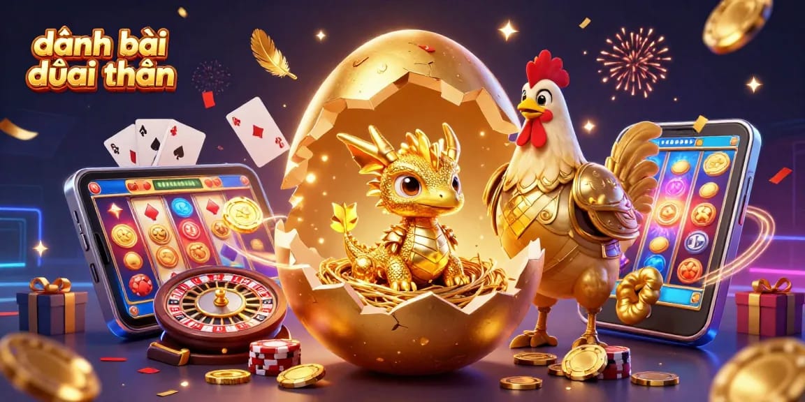 Experience thrilling đánh bài đổi thưởng with a golden baby dragon and vibrant slot game elements in this immersive 3D scene.