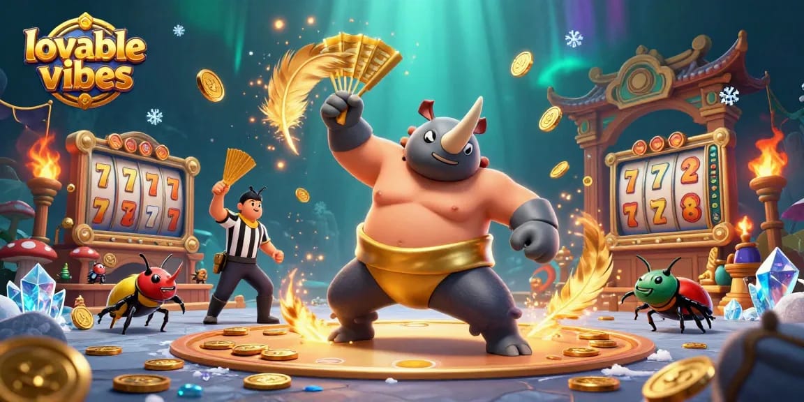 Experience thrilling gameplay with lovablevibes as a powerful sumo champion beetle sends golden coins flying.