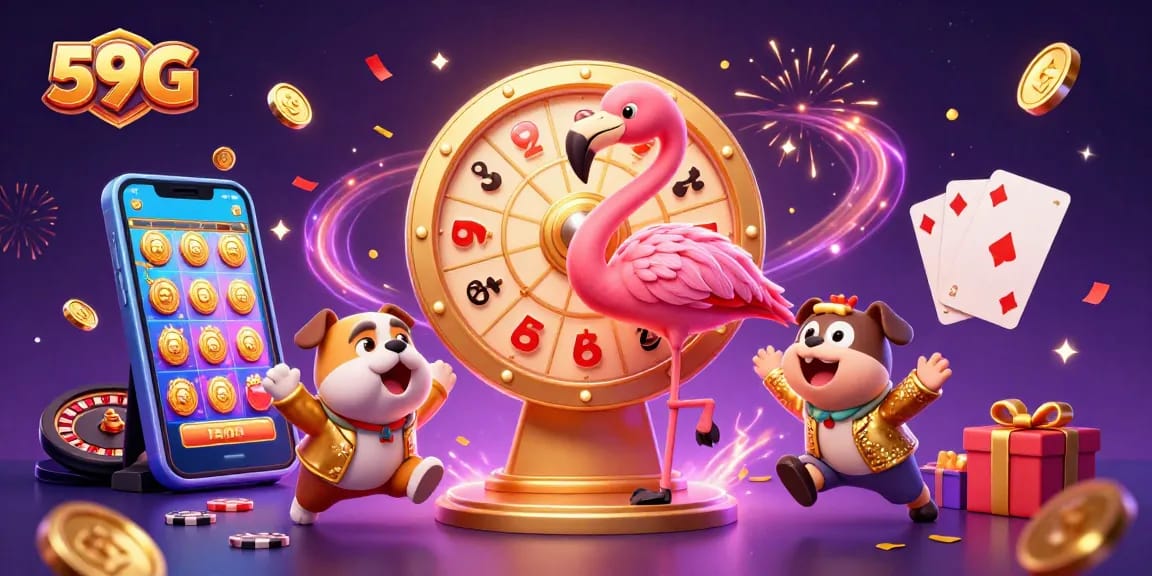 Experience the excitement of 59G with a dynamic casino scene featuring winning moments and vibrant gaming elements.