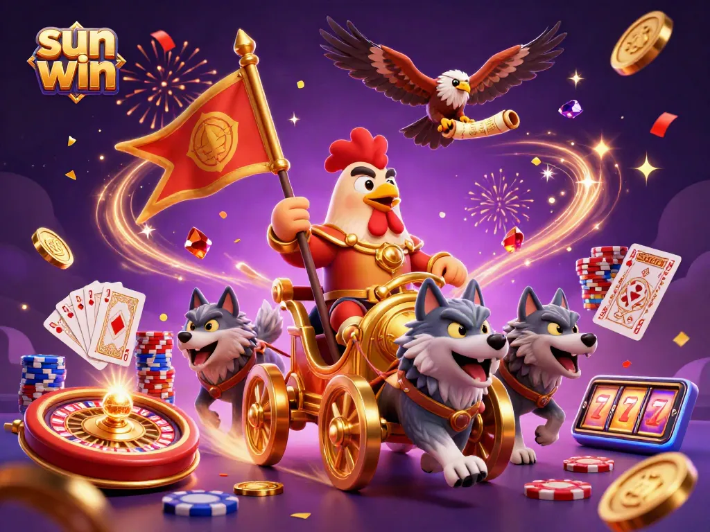 Experience sun win in a dynamic 3D illustration featuring a rooster warlord and casino elements.
