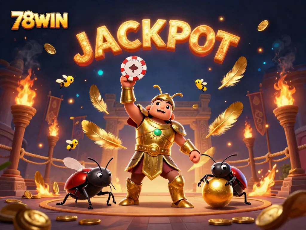 Experience thrilling wins with 78WIN's vibrant jackpot celebration featuring animated beetles and golden elements.